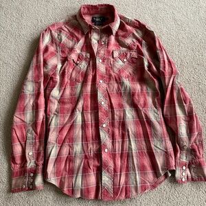 Ralph Lauren Double RL Red Beige Plaid Western Pearl Snap Cowboy Shirt Size Sm